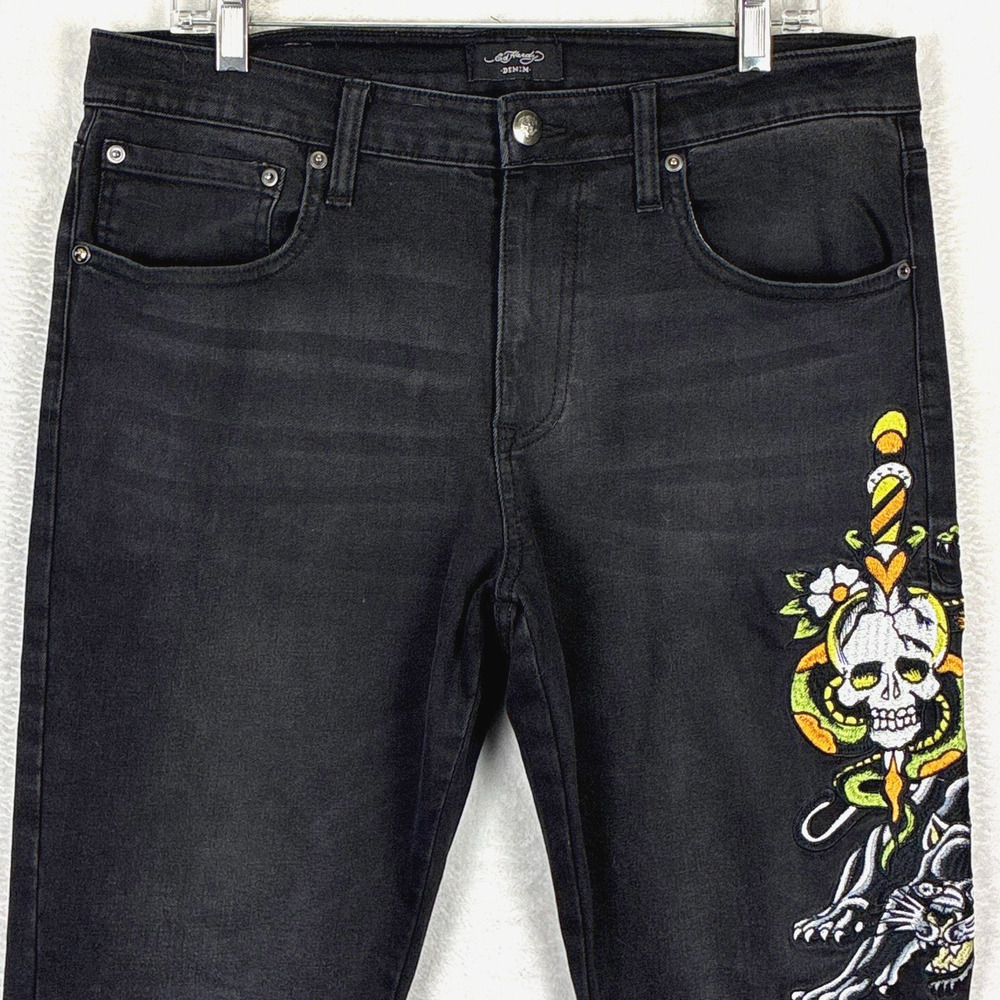 Ed Hardy Denim Jeans Mens 34 Black Embroidered Dagger Skull Slim Faded Whiskered
